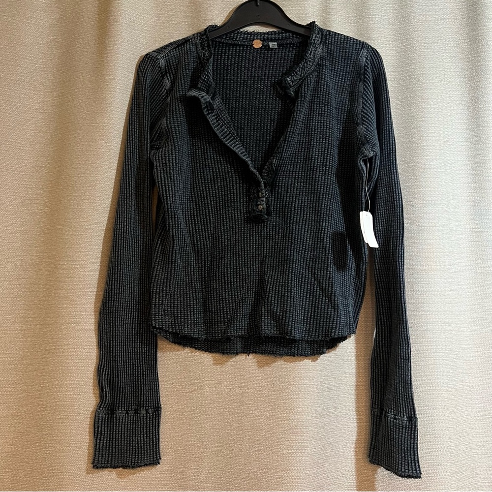Free People FP One Colt Long Sleeve Waffle‎ knit Henley - XL Charcoal Tarmac